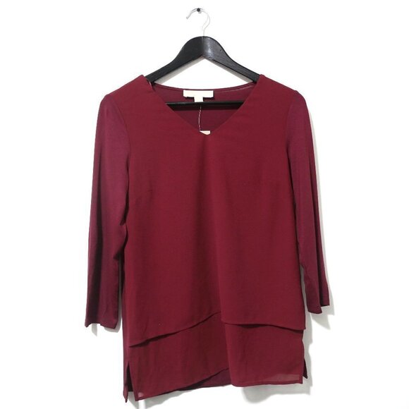 MICHAEL KORS Blouse Mixed Woven and Knit Layered Hem V-Neck 3/4 Sleeve Size XS - Picture 3 of 9